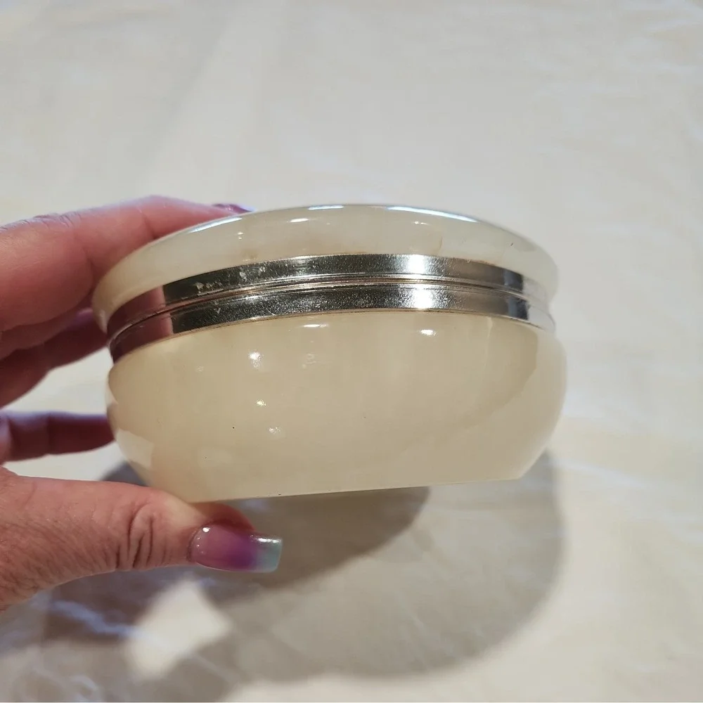Vintage Alabaster Floral Powder Vanity Jar Hinged Lid Italy No Marks EUC